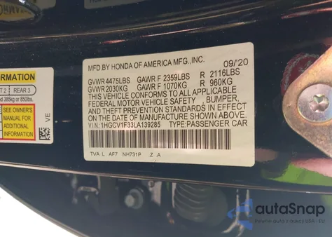 2020 Honda Accord Sport из США, поврежденный, VIN 1HGCV1F33LA139285